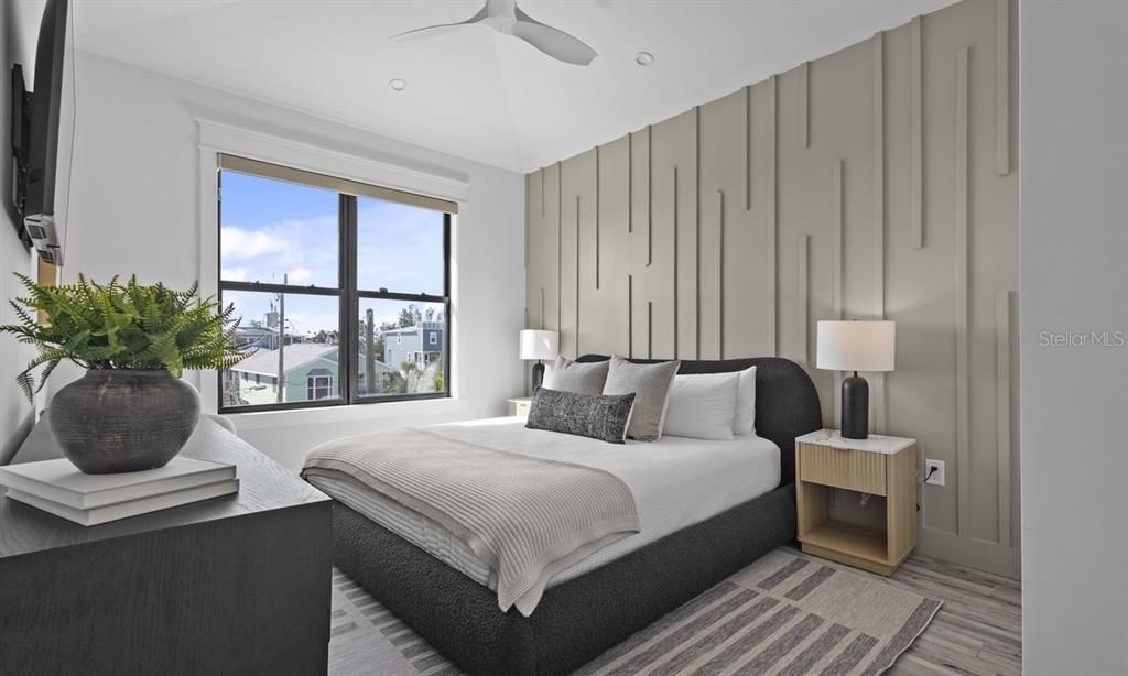 Bedroom, Interior, Recessed Lighting, Water, Wood Texture Flooring