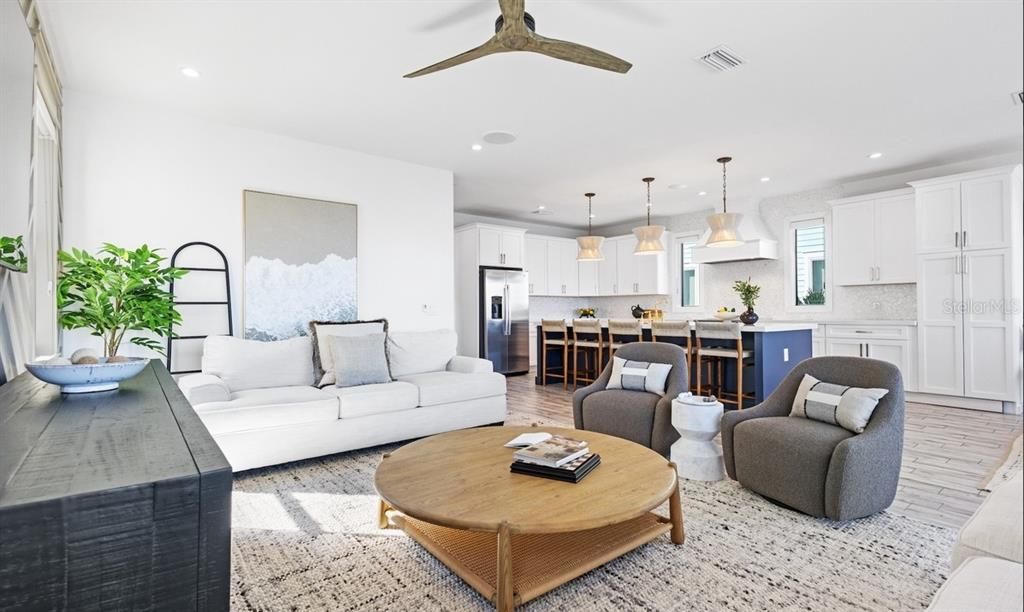 Dining room, Interior, Kitchen, Living room, Pendant Lights, Recessed Lighting, Stainless Steel Appliances, Wood Texture Flooring