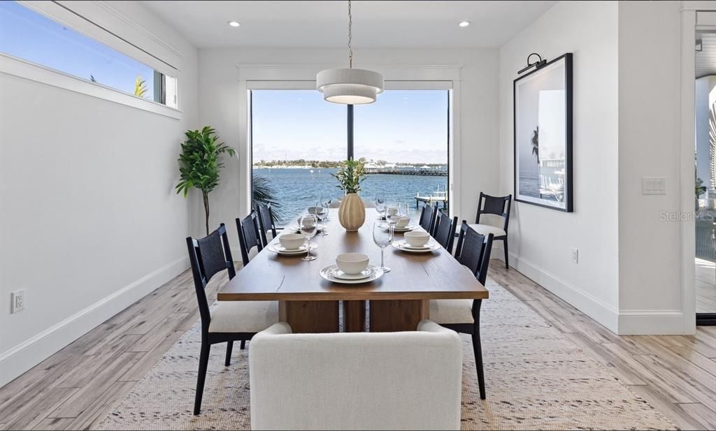 Dining room, Interior, Pendant Lights, Recessed Lighting, Water, Wood Texture Flooring