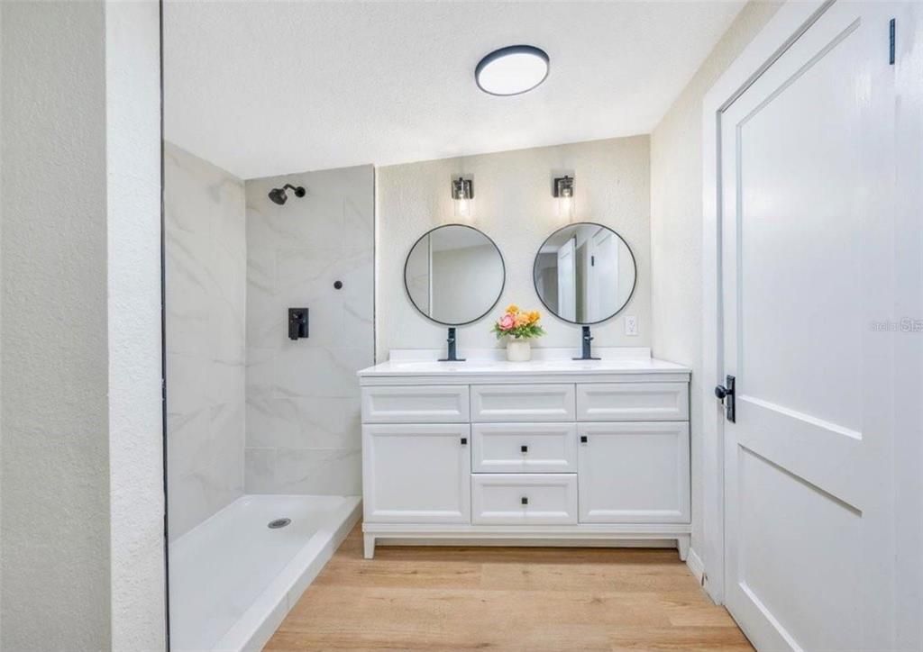 Bathroom, Interior, Marble Walls, Wood Texture Flooring