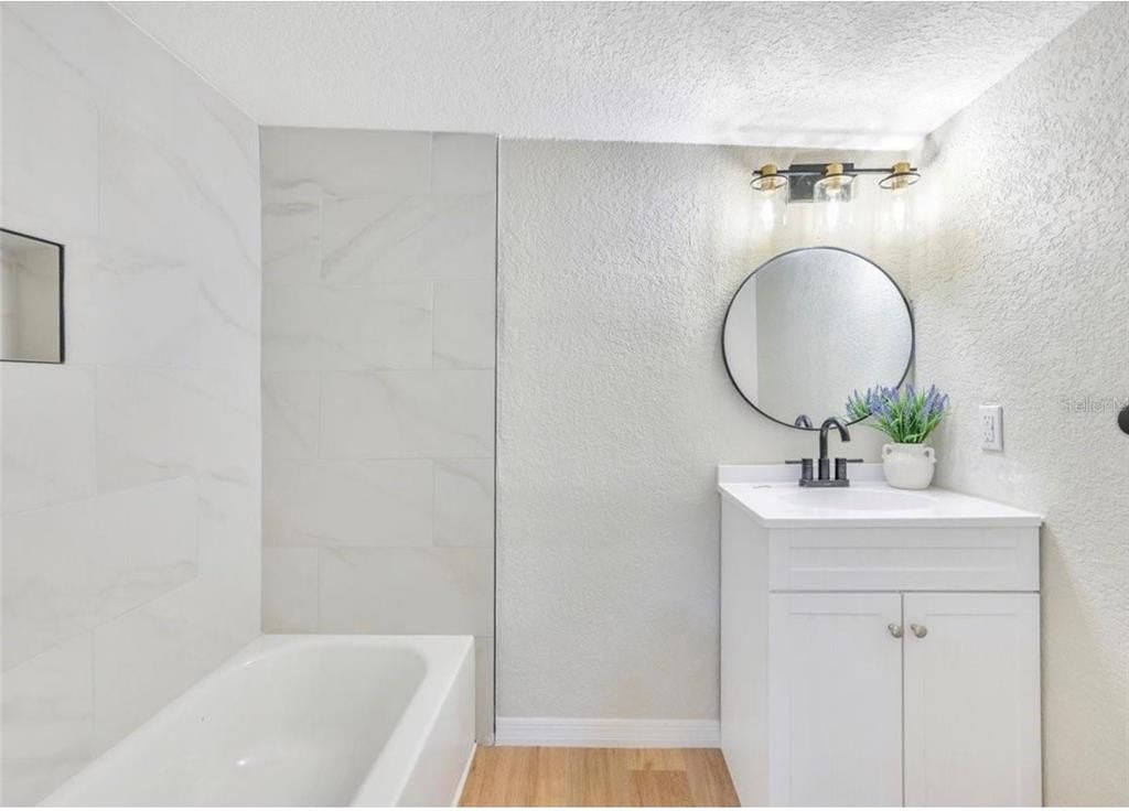Bathroom, Interior, Marble Walls, Wood Texture Flooring
