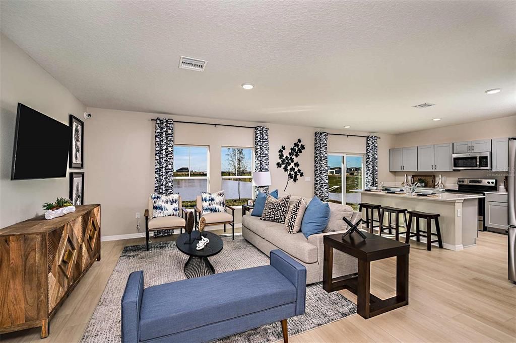 Interior, Kitchen, Living room, Recessed Lighting, Stainless Steel Appliances, Water, Wood Texture Flooring