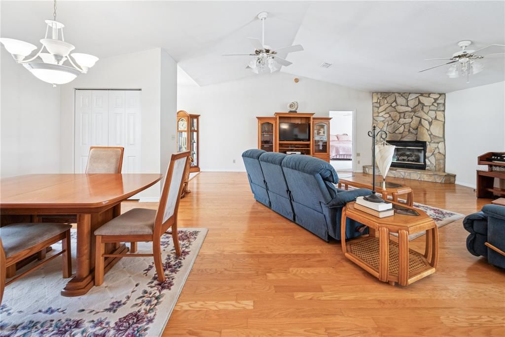 Dining room, Fireplace, Interior, Living room, Stone Walls, Wood Texture Flooring