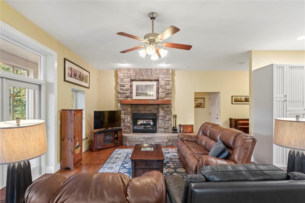 Fireplace, Interior, Living room, Stone Walls, Wood Texture Flooring