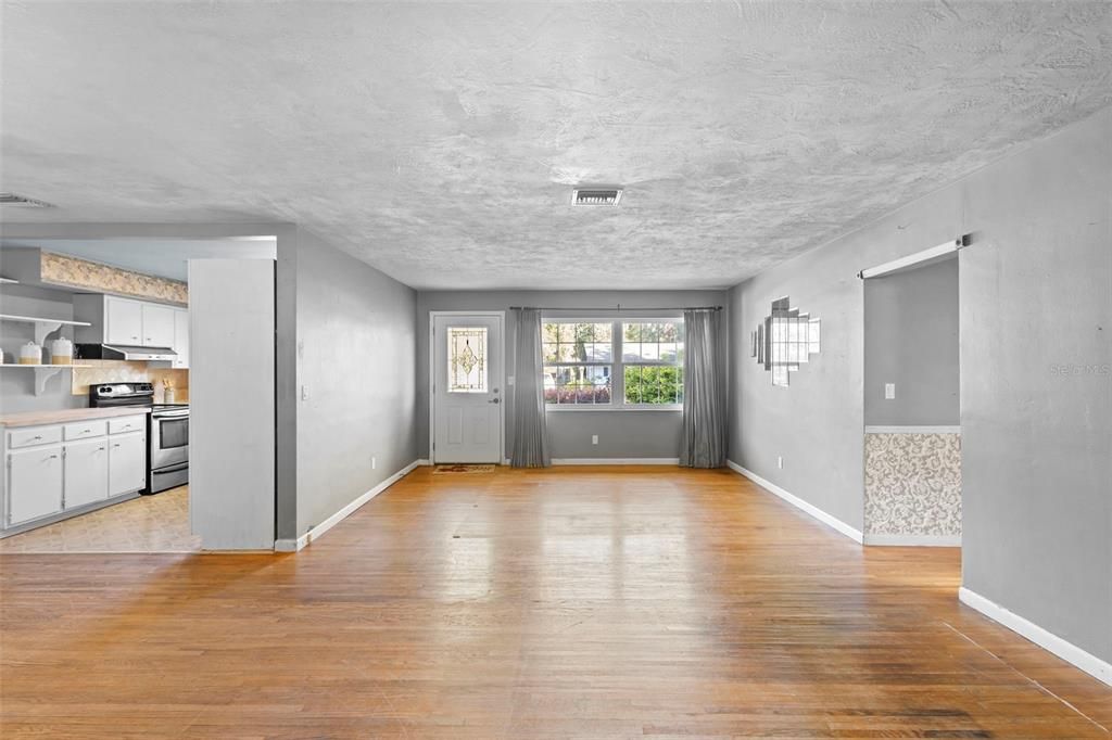 Empty room, Interior, Kitchen, Stainless Steel Appliances, Wood Texture Flooring