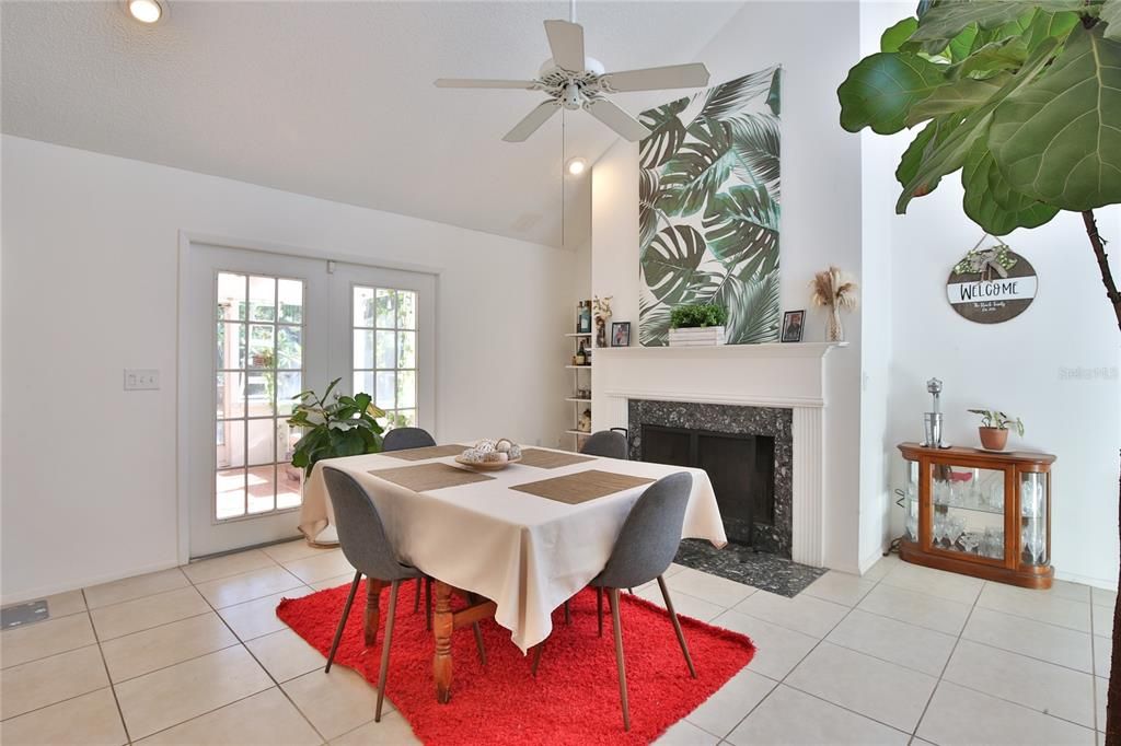 Dining room, Fireplace, Interior, Recessed Lighting