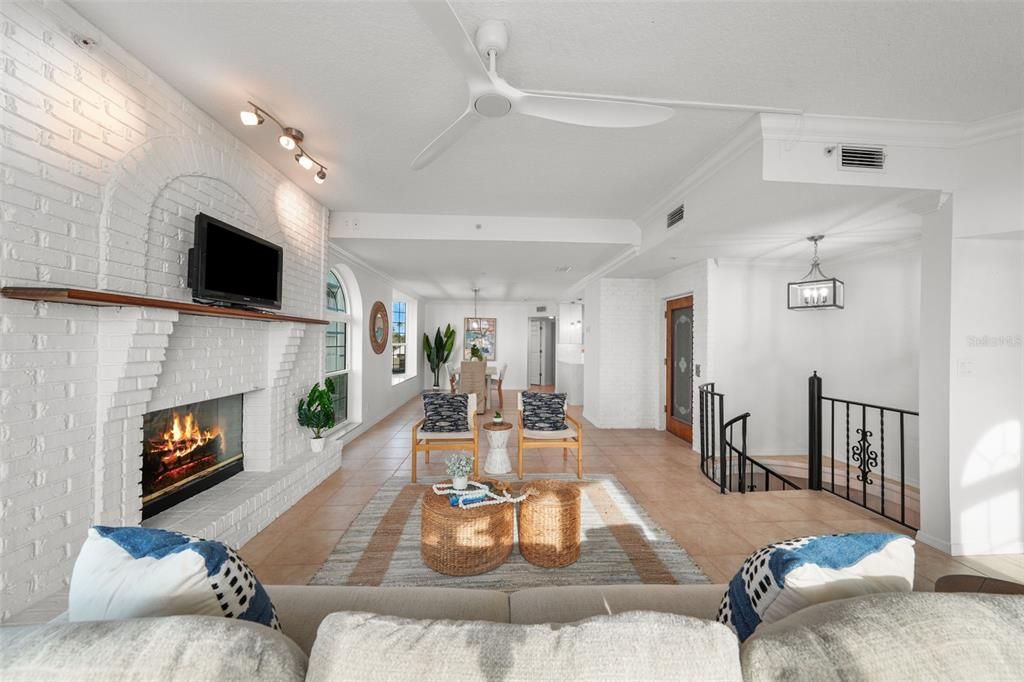 Dining room, Fireplace, Interior, Living room, Pendant Lights, Recessed Lighting