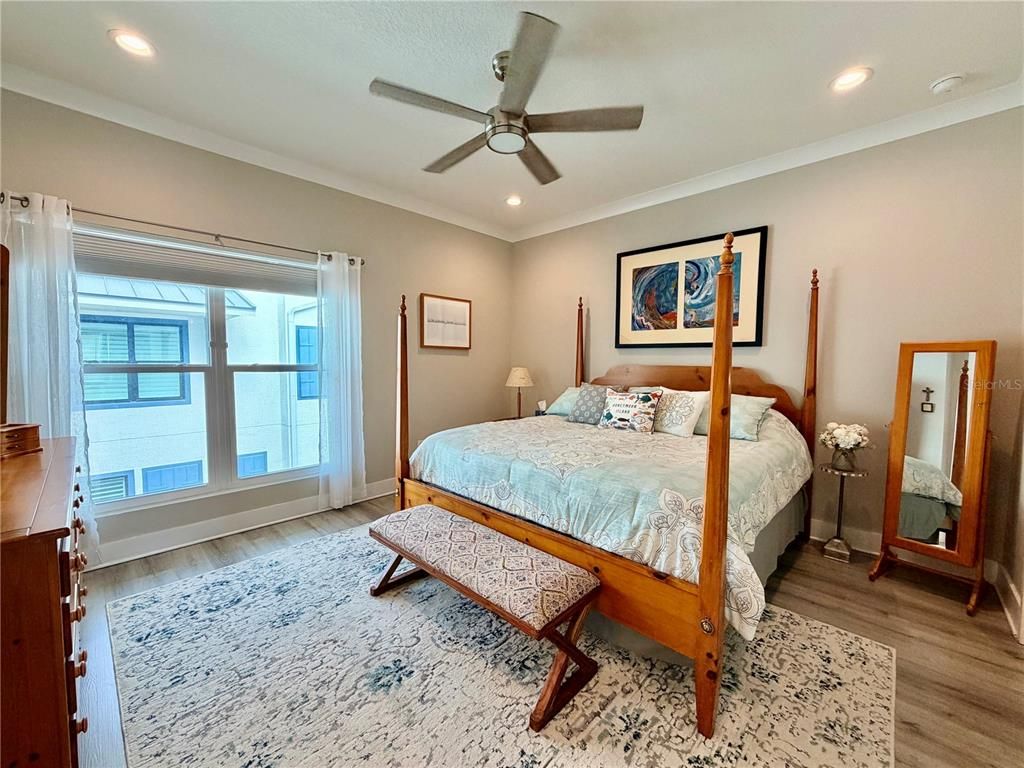 Bedroom, Interior, Recessed Lighting, Wood Texture Flooring