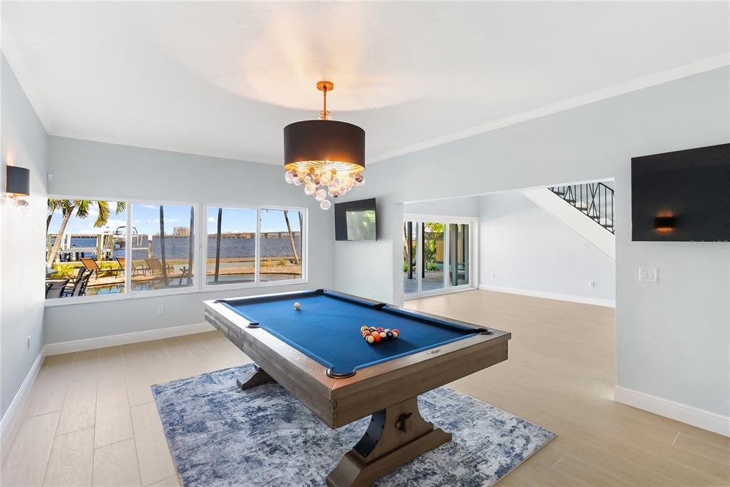 Billiard Table, Chandelier, Game Room, Interior, Water, Wood Texture Flooring