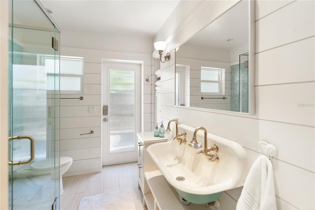 Bathroom, Glass Shower, Interior, Wood Texture Flooring