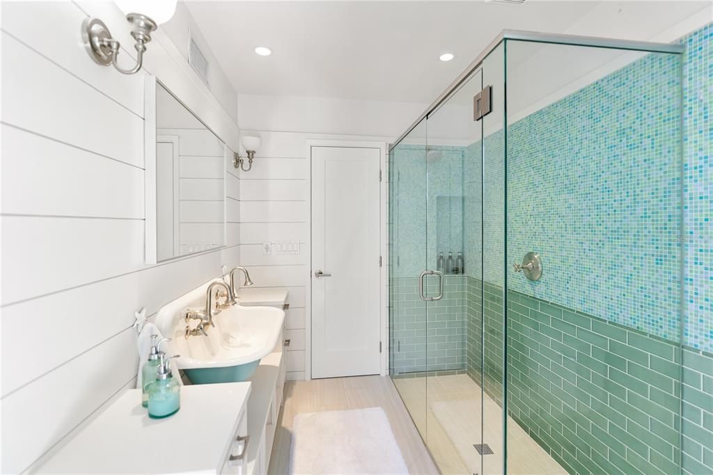 Bathroom, Glass Shower, Interior, Recessed Lighting, Wood Texture Flooring