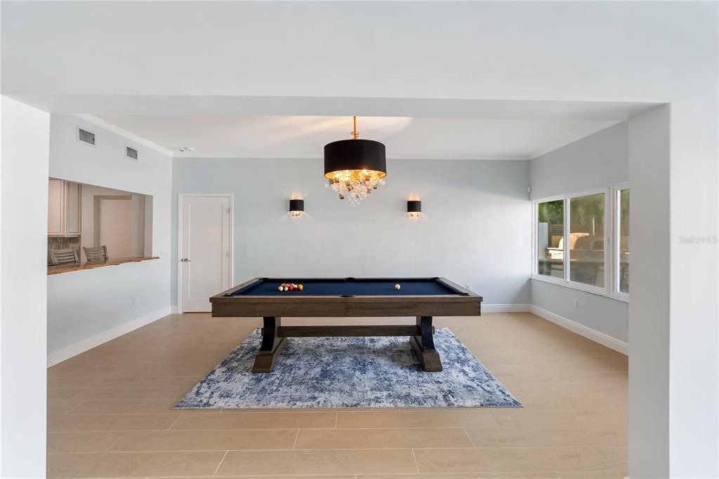 Billiard Table, Chandelier, Game Room, Interior, Wood Texture Flooring