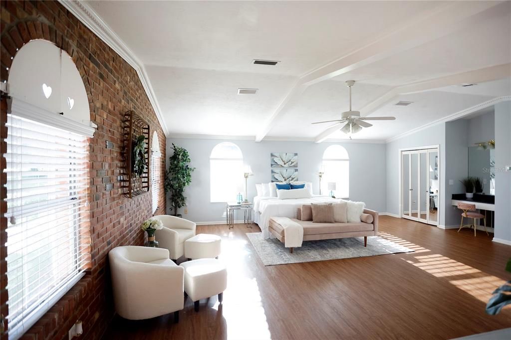 Bedroom, Interior, Stone Walls, Wood Texture Flooring