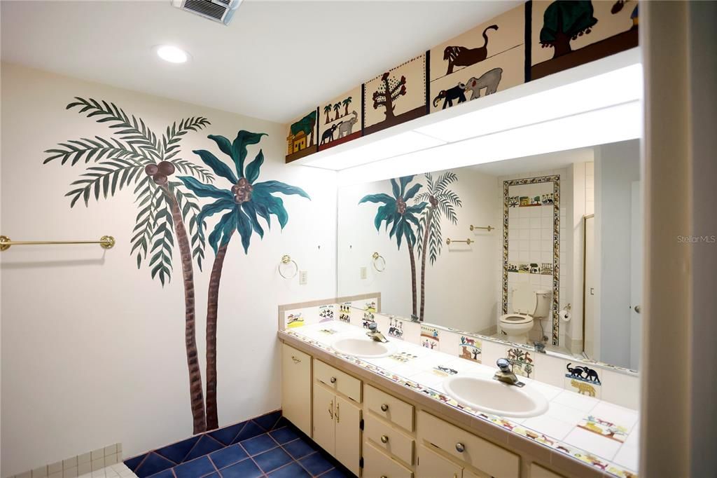 Bathroom, Dual Sink Vanities, Interior, Recessed Lighting, Tile Countertops