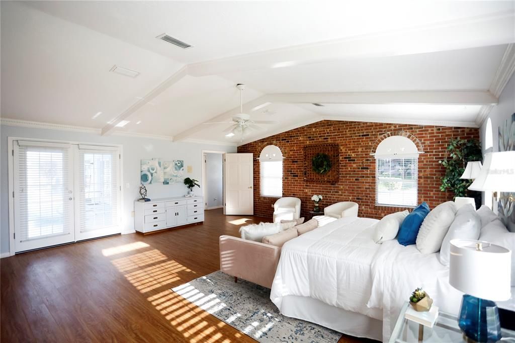 Bedroom, Interior, Stone Walls, Wood Texture Flooring