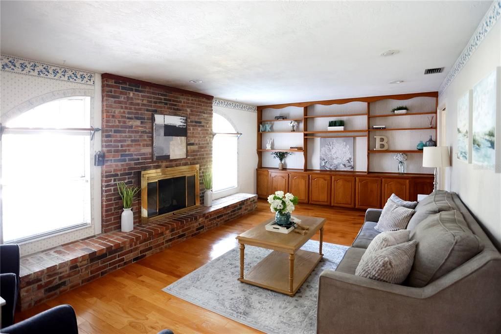 Fireplace, Interior, Living room, Recessed Lighting, Stone Walls, Wood Texture Flooring