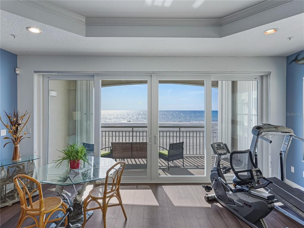 Dining room, Fitness Equipment, Interior, Recessed Lighting, Water, Wood Texture Flooring