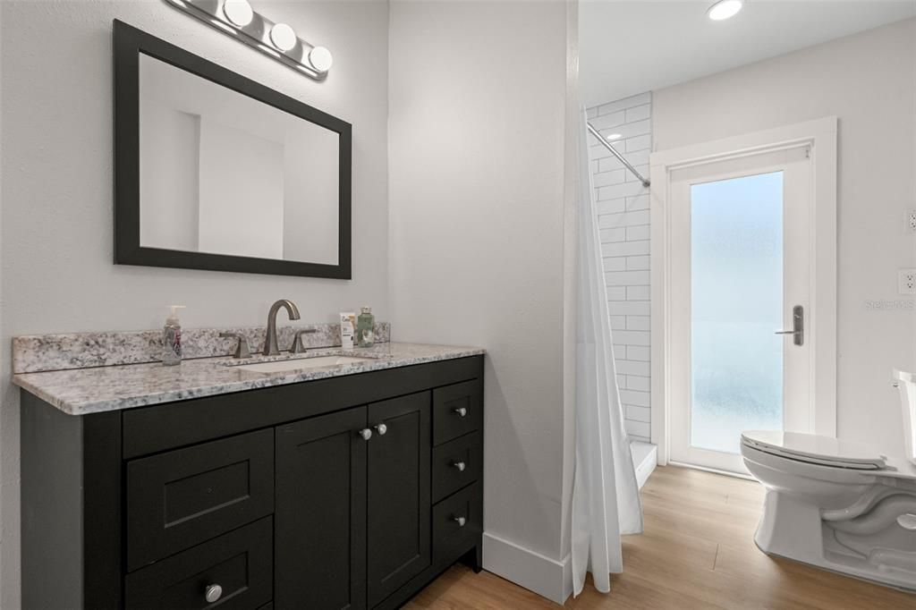 Bathroom, Interior, Recessed Lighting, Wood Texture Flooring