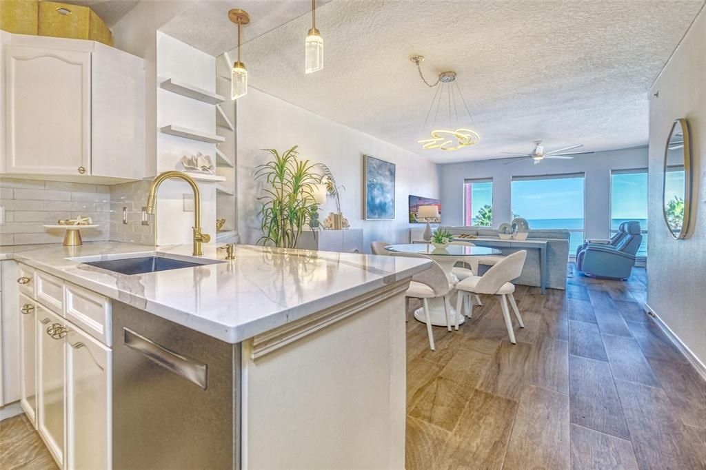 Dining room, Interior, Kitchen, Living room, Pendant Lights, Water, Wood Texture Flooring