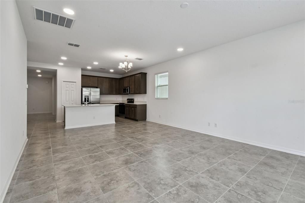 Chandelier, Empty room, Interior, Kitchen, Recessed Lighting, Stainless Steel Appliances