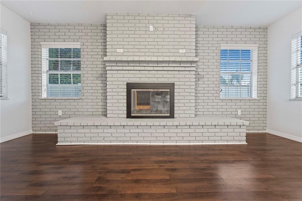 Empty room, Fireplace, Interior, Stone Walls, Wood Texture Flooring