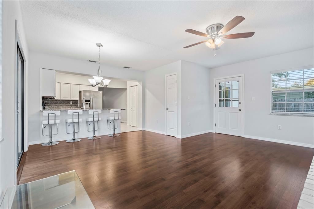 Chandelier, Empty room, Interior, Kitchen, Pendant Lights, Wood Texture Flooring