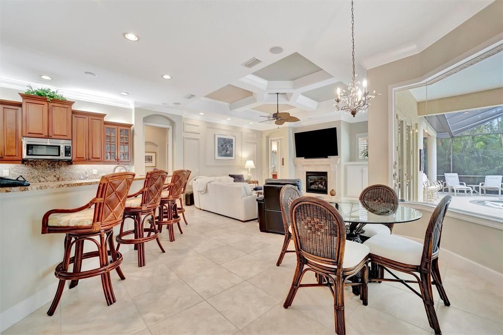 Chandelier, Dining room, Fireplace, Interior, Kitchen, Living room, Pendant Lights, Recessed Lighting