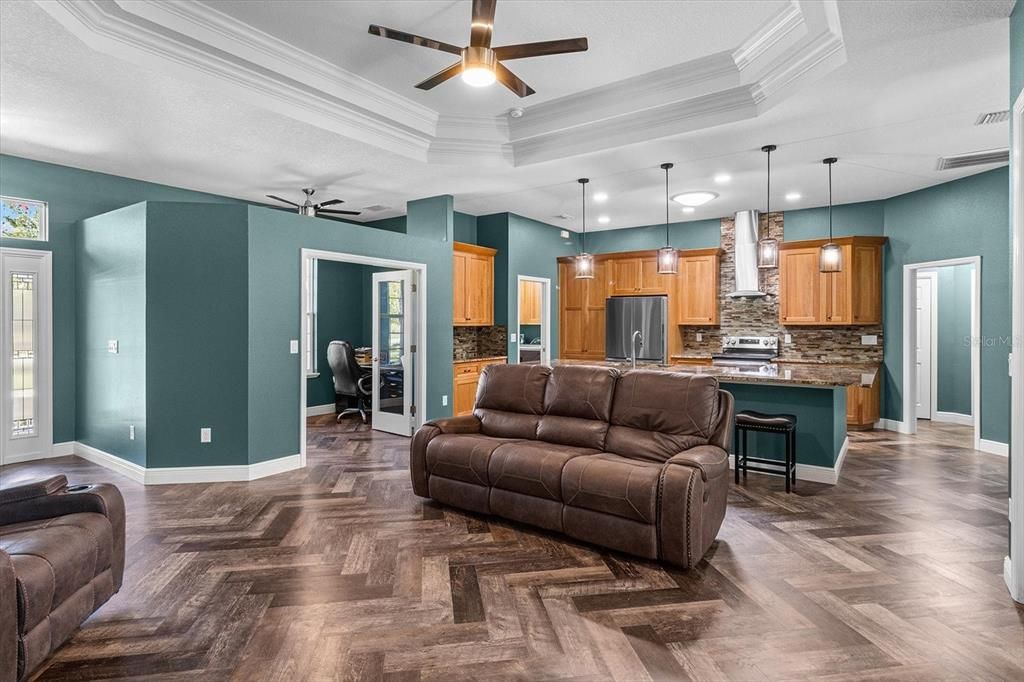 Interior, Kitchen, Living room, Pendant Lights, Recessed Lighting, Stainless Steel Appliances, Wood Texture Flooring