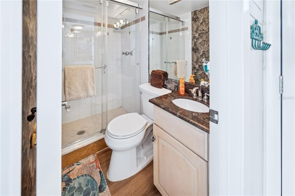 Bathroom, Glass Shower, Interior, Wood Texture Flooring