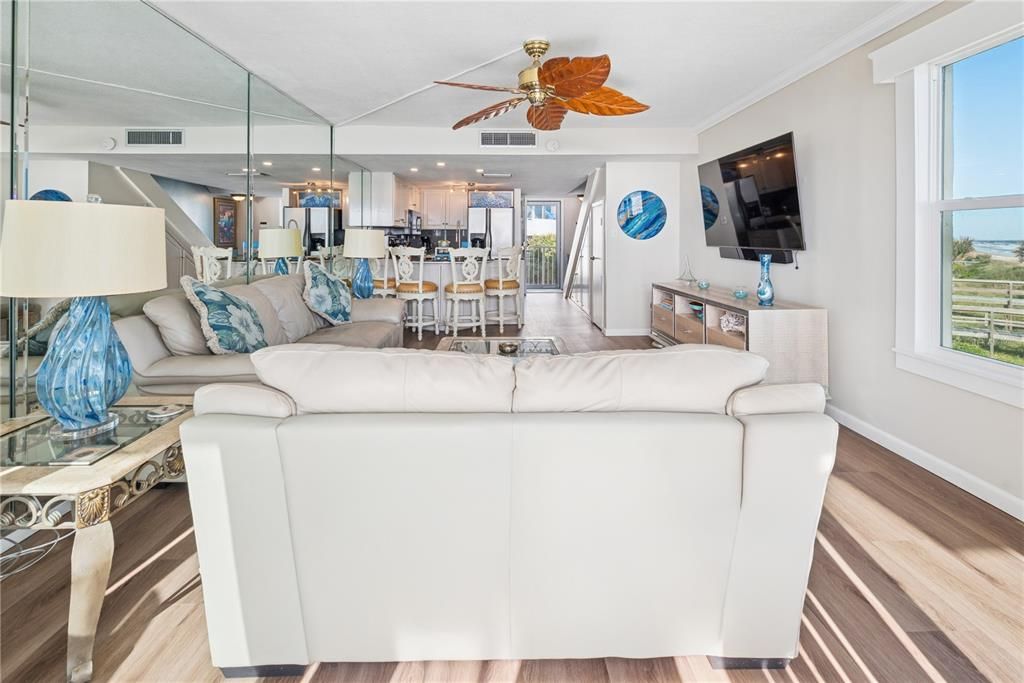 Dining room, Interior, Kitchen, Living room, Recessed Lighting, Wood Texture Flooring