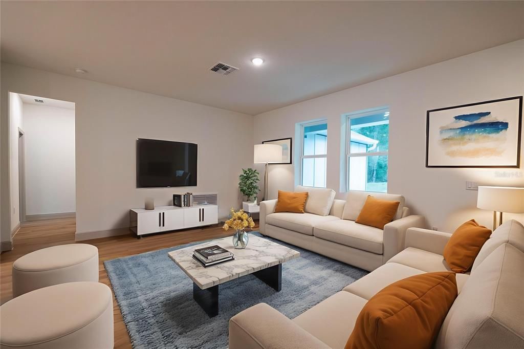 Interior, Living room, Recessed Lighting, Wood Texture Flooring