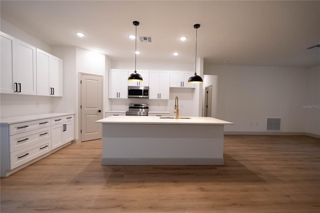 Interior, Kitchen, Pendant Lights, Recessed Lighting, Stainless Steel Appliances, Wood Texture Flooring