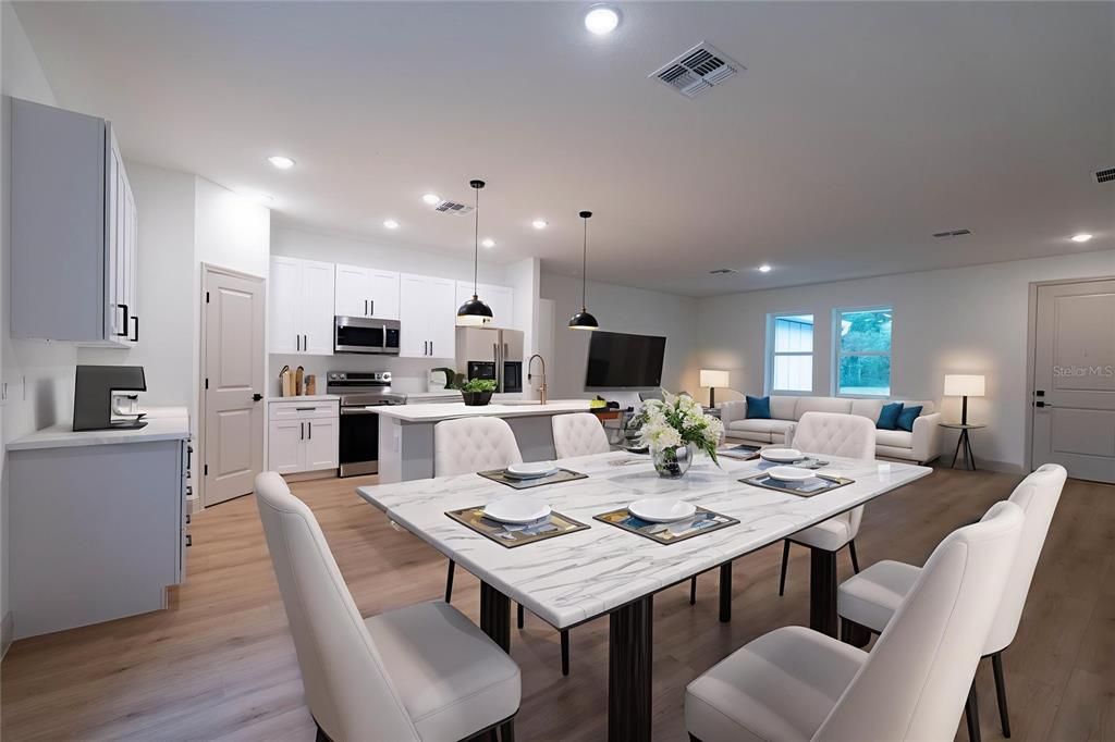 Dining room, Interior, Kitchen, Living room, Pendant Lights, Recessed Lighting, Stainless Steel Appliances, Wood Texture Flooring