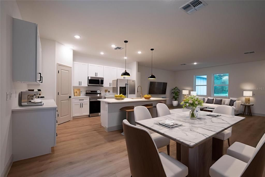 Dining room, Interior, Kitchen, Pendant Lights, Recessed Lighting, Stainless Steel Appliances, Wood Texture Flooring