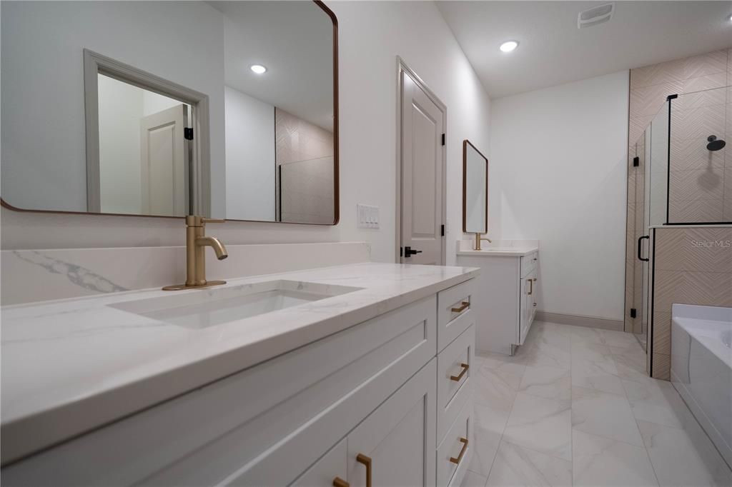 Bathroom, Dual Sink Vanities, Interior, Marble, Recessed Lighting