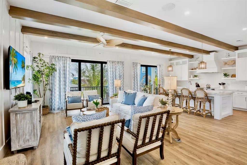 Interior, Kitchen, Living room, Pendant Lights, Recessed Lighting, Wooden Beams, Wood Texture Flooring