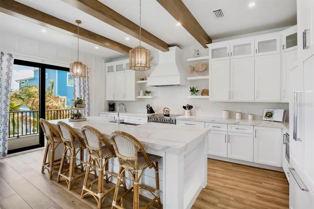 Interior, Kitchen, Pendant Lights, Recessed Lighting, Stainless Steel Appliances, Wooden Beams, Wood Texture Flooring