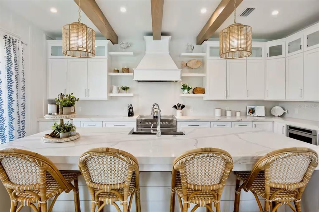 Interior, Kitchen, Pendant Lights, Recessed Lighting, Stainless Steel Appliances, Wooden Beams