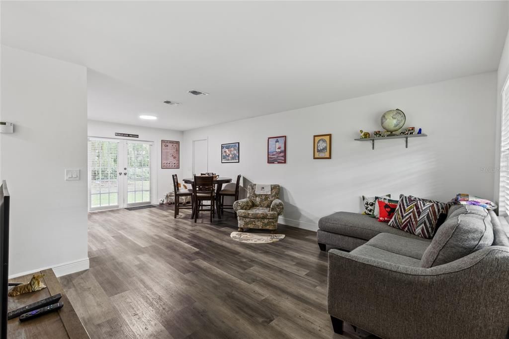 Dining room, Interior, Living room, Recessed Lighting, Wood Texture Flooring