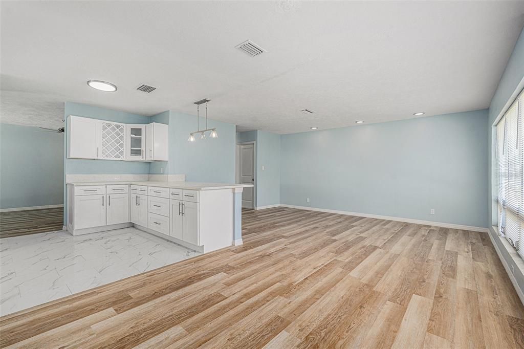 Empty room, Interior, Kitchen, Marble, Pendant Lights, Recessed Lighting, Wood Texture Flooring
