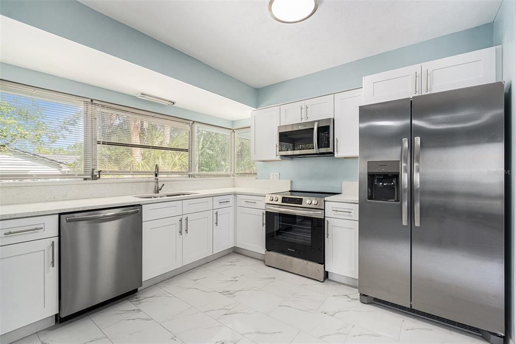 Interior, Kitchen, Marble, Recessed Lighting, Stainless Steel Appliances