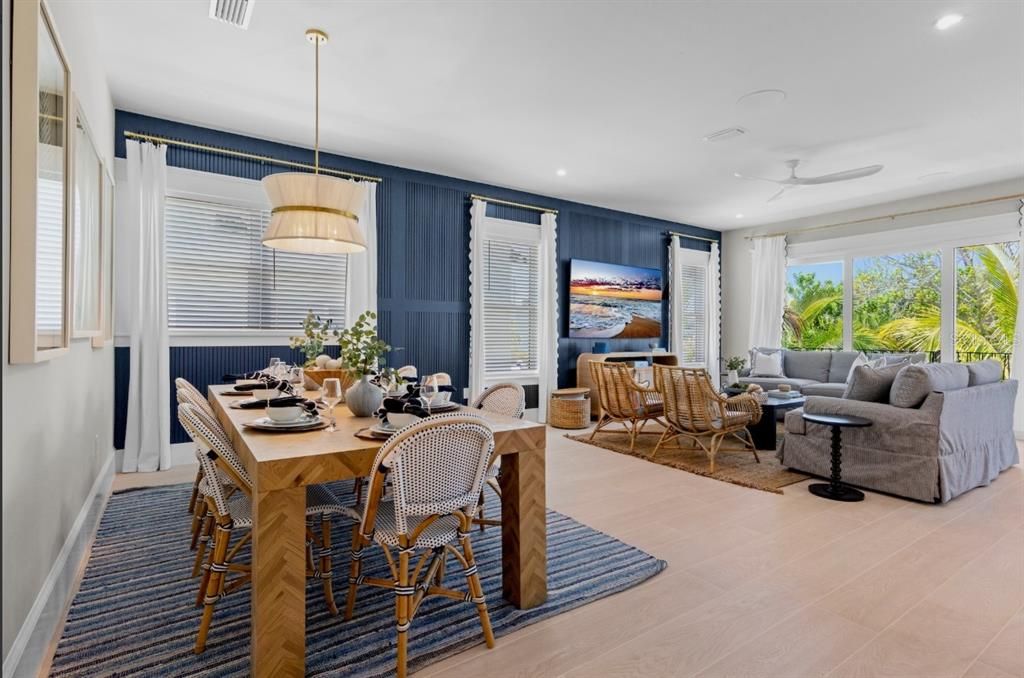 Dining room, Interior, Living room, Pendant Lights, Recessed Lighting, Wood Texture Flooring