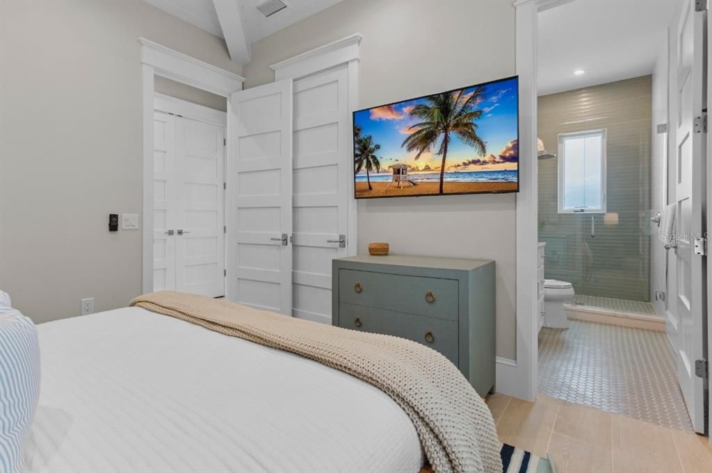 Bathroom, Bedroom, Glass Shower, Interior, Recessed Lighting, Wood Texture Flooring