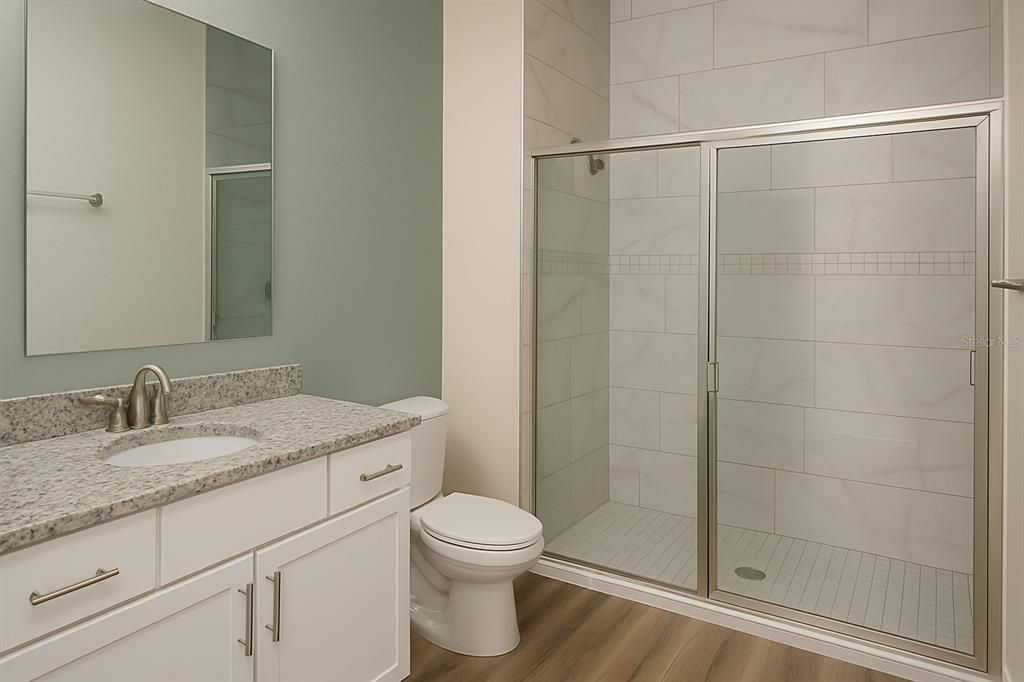 Bathroom, Glass Shower, Interior, Wood Texture Flooring