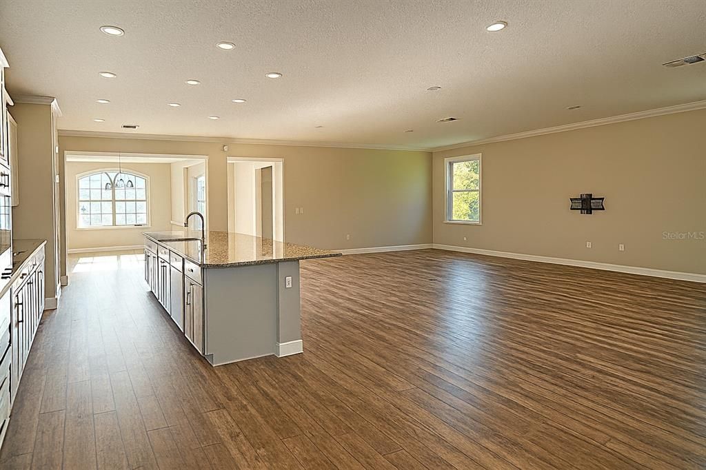 Empty room, Interior, Kitchen, Recessed Lighting, Wood Texture Flooring
