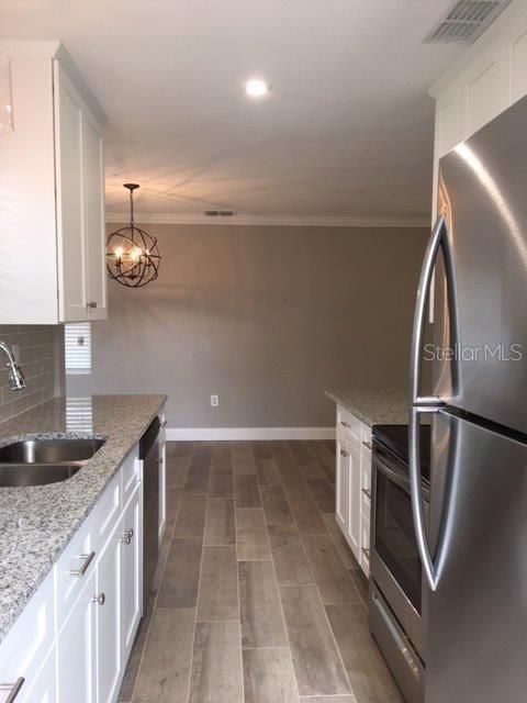 Chandelier, Interior, Kitchen, Pendant Lights, Recessed Lighting, Wood Texture Flooring