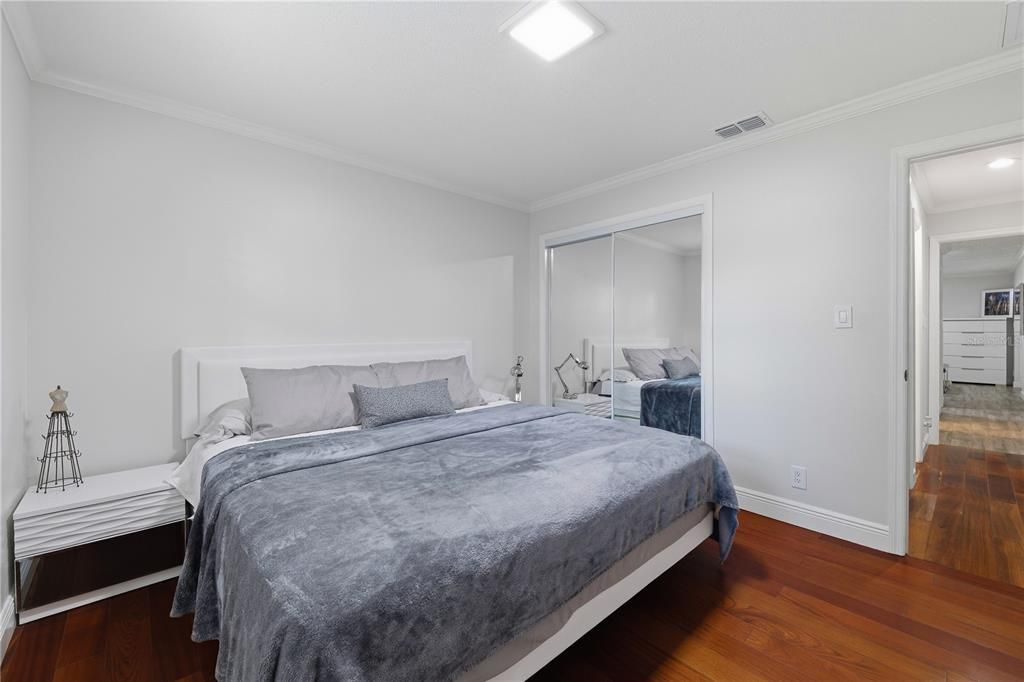 Bedroom, Interior, Recessed Lighting, Wood Texture Flooring