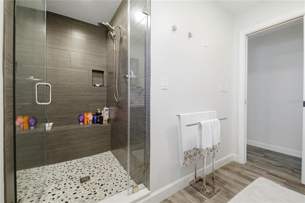 Bathroom, Glass Shower, Interior, Wood Texture Flooring