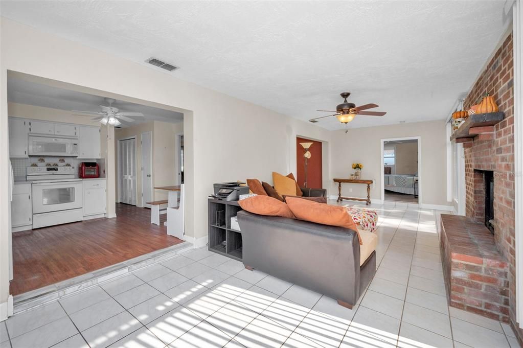 Fireplace, Interior, Kitchen, Stone Walls, Wood Texture Flooring