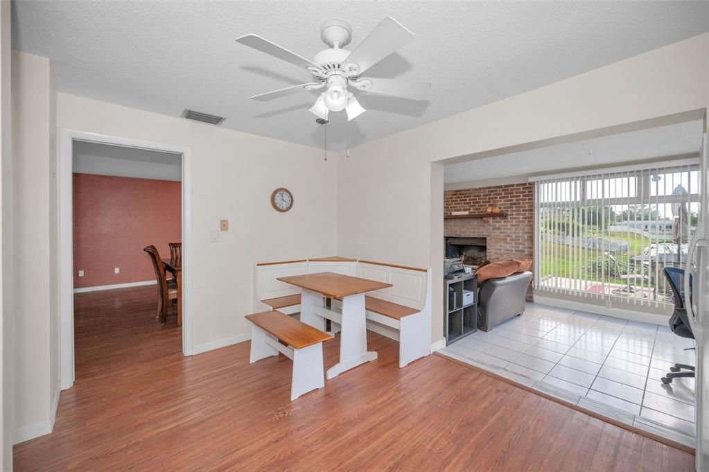 Dining room, Fireplace, Interior, Stone Walls, Wood Texture Flooring